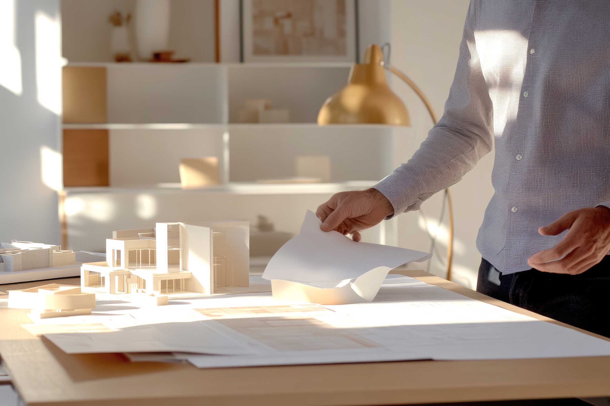 architect-reviewing-architectural-model-blueprints-sunlight-illuminating-scene 宏積團隊合影與品牌理念展示